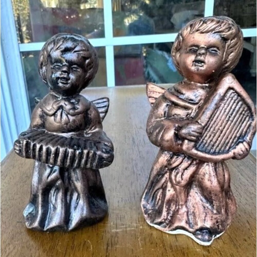 VTG Porcelain Angel Figurines Set of 2 Antique Look Bronze Finish Midwestern Hom